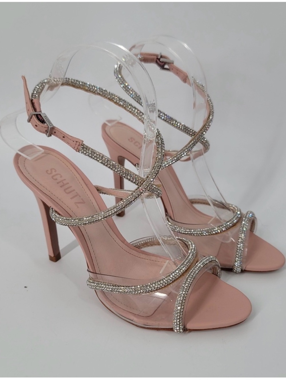 Schutz Louise Crystal PVC Strappy Sandals Size 7.5 Rose Pink